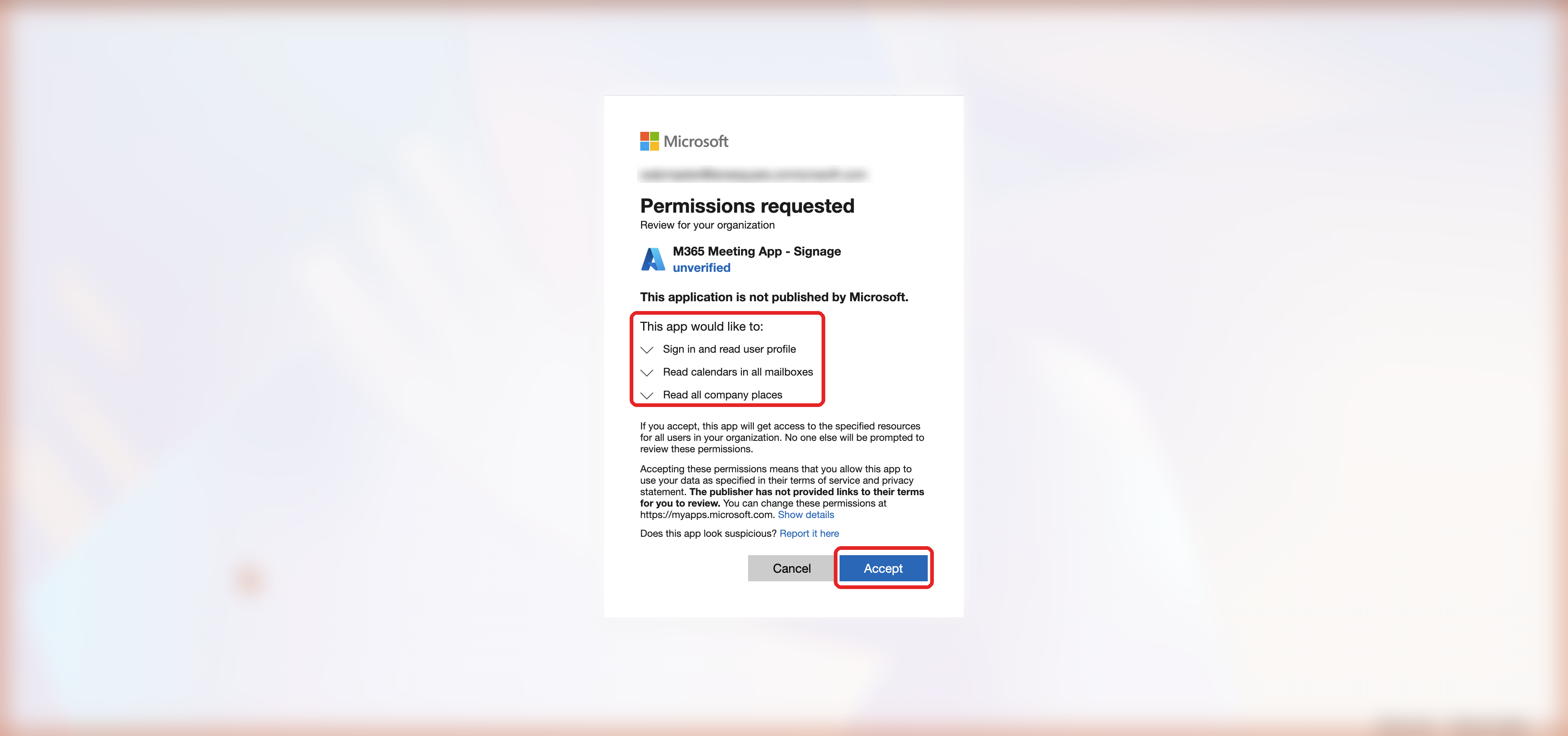 Microsoft Permissions requested screen for M365 Meeting App - Signage with the Accept button