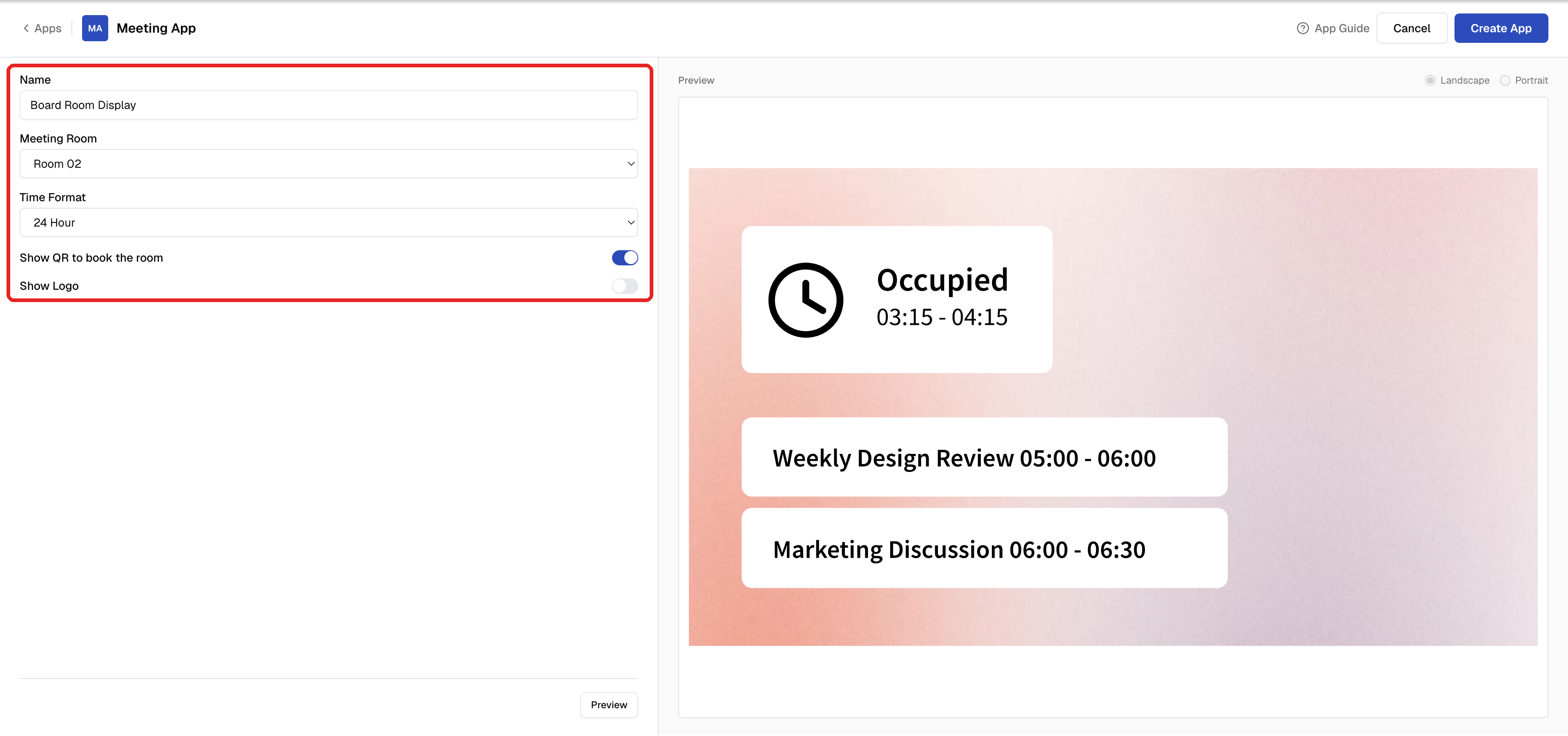 Meetings Calendar settings with Name, Meeting Room, Time Format, Show QR to book the room and Show Logo
