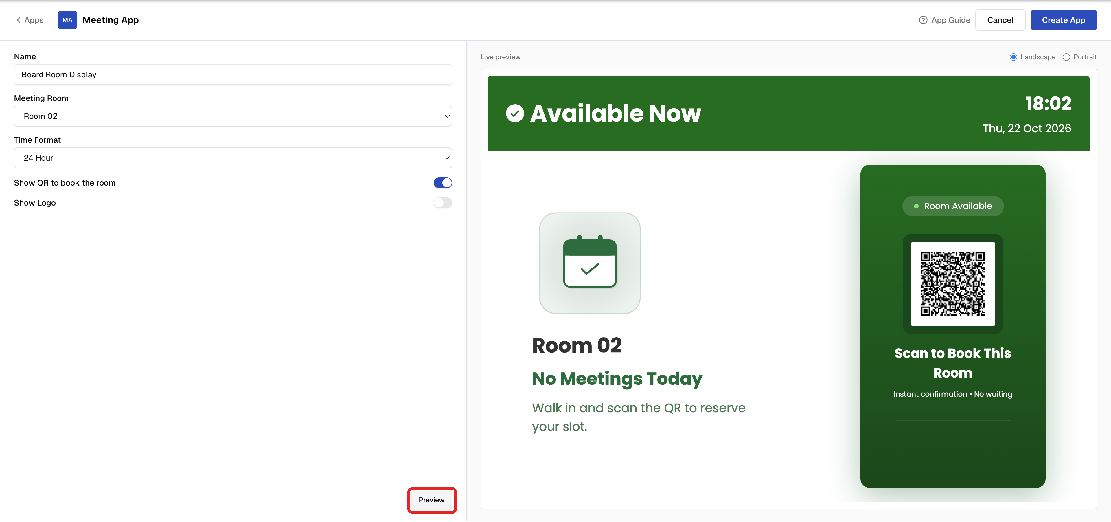 Meetings Calendar Live preview showing Room 02 as Available Now with the Preview button highlighted