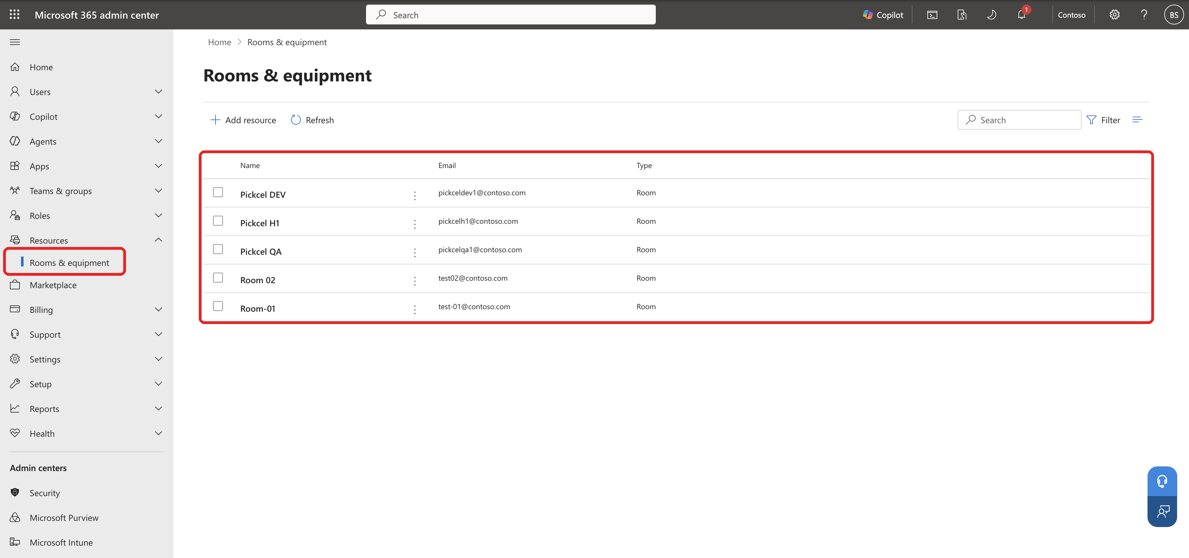 Microsoft 365 admin center Rooms and equipment page listing five rooms, each with an email address and Type set to Room