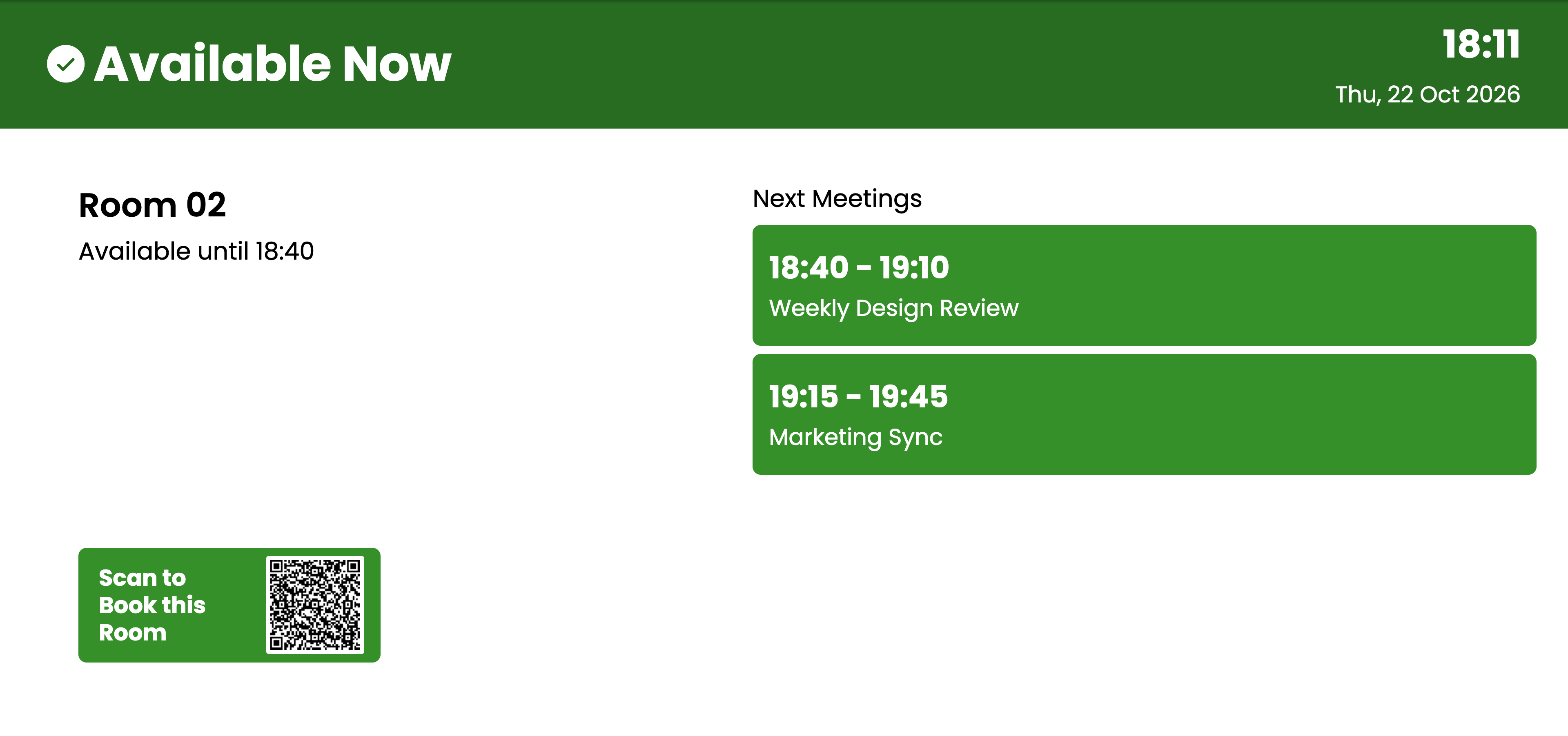 Meetings Calendar on a screen showing Available Now, Available until 18:40, and two meetings under Next Meetings