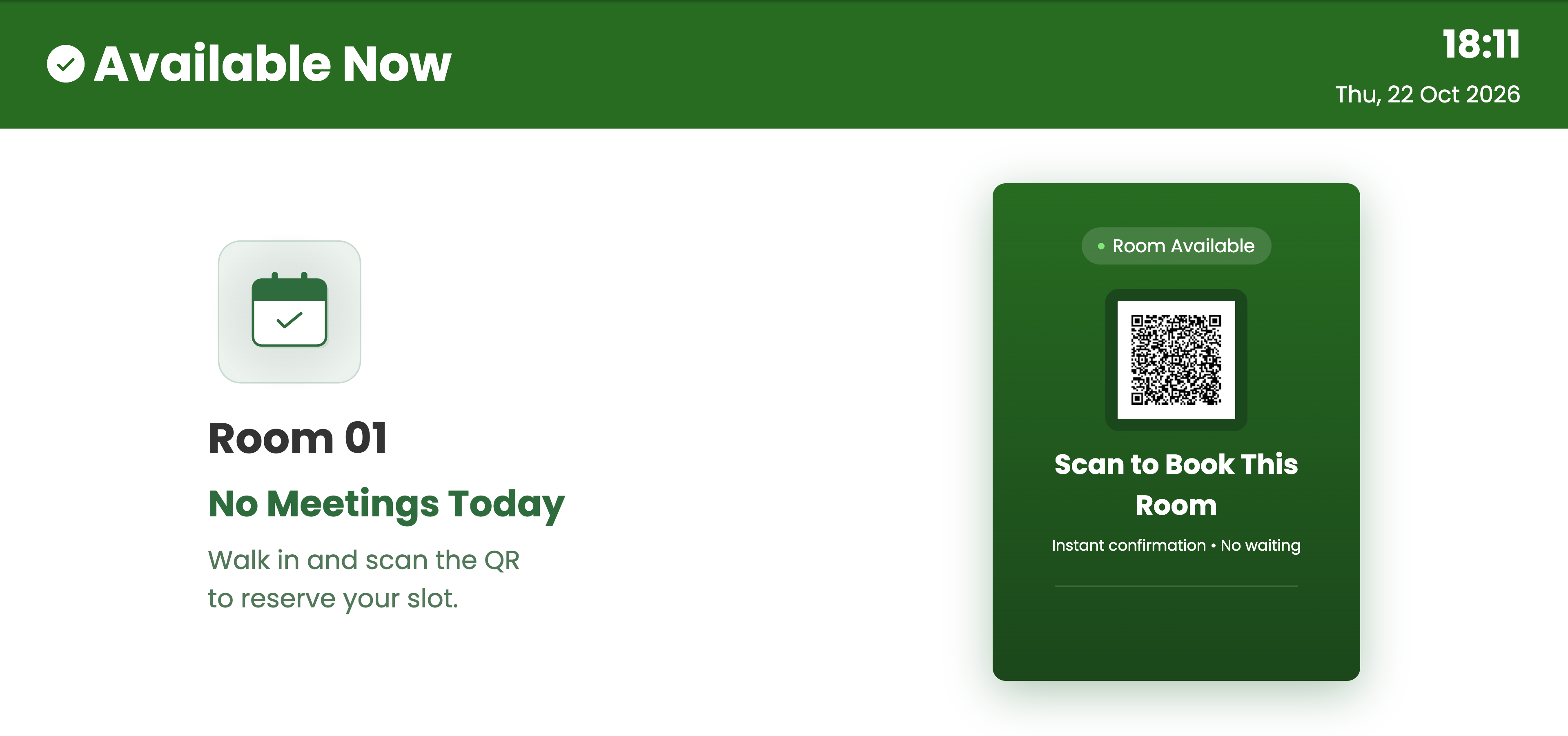 Meetings Calendar on a screen showing Available Now and No Meetings Today, with a Scan to Book This Room QR code