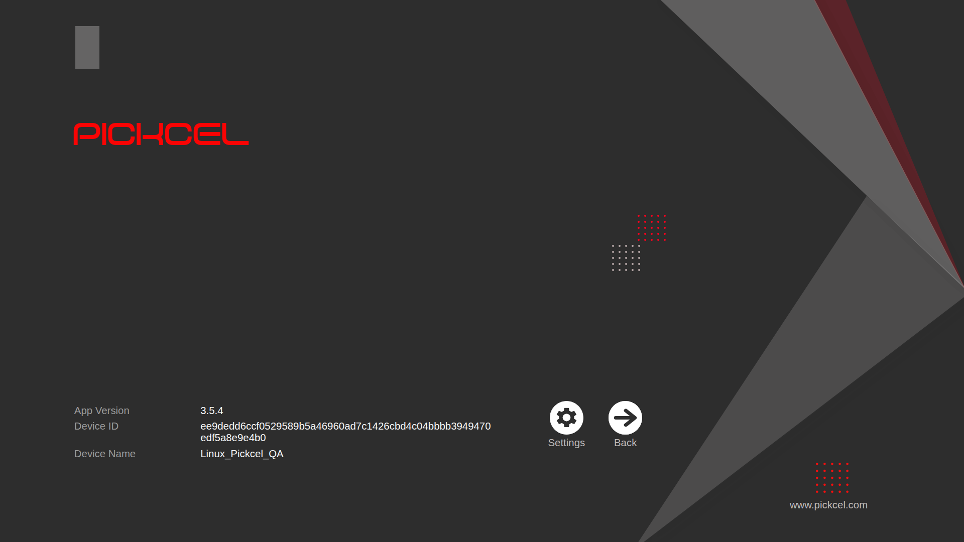 Player info screen with Settings gear icon and Back button