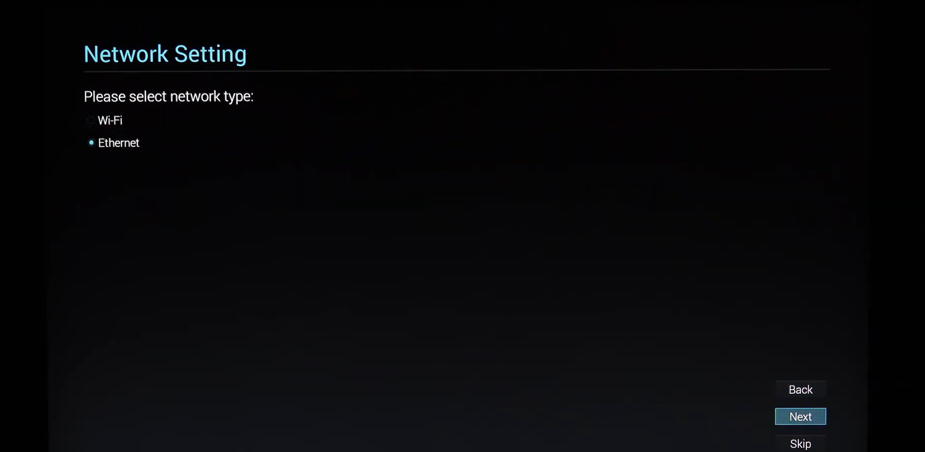 Philips setup wizard Network Setting screen with Ethernet selected