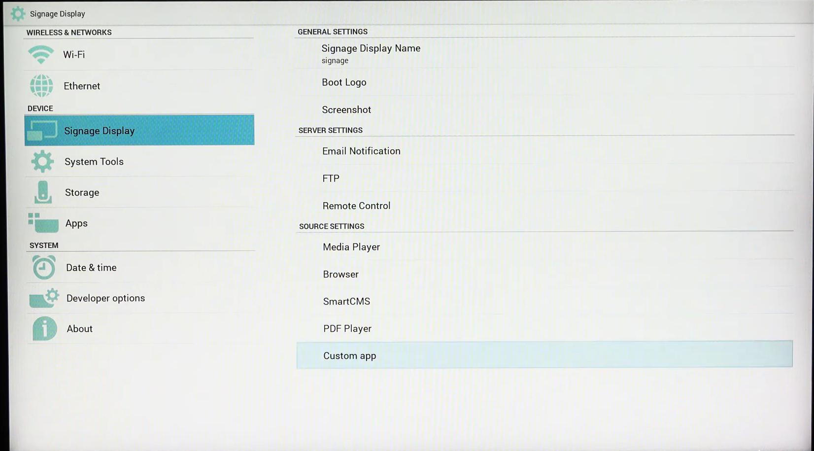 Signage Display settings with Custom app under Source Settings