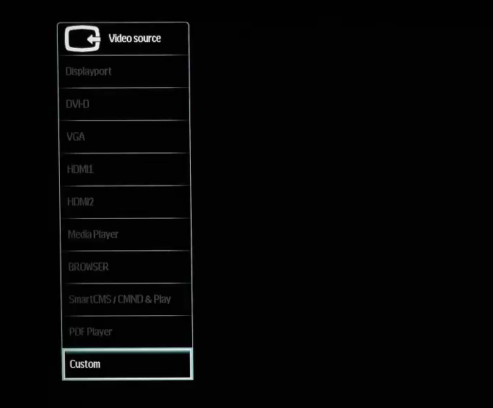 Philips Video source menu with Custom selected