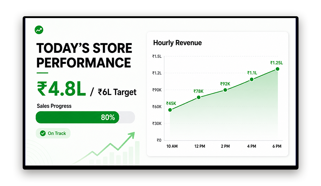 Pickcel digital sales board showing daily sales target versus actual for retail team
