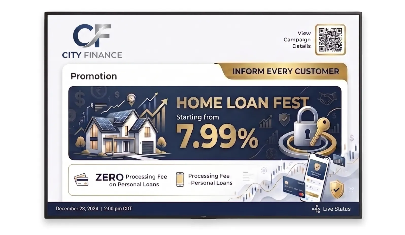 Bank branch screen showing product knowledge update and promotional campaign
