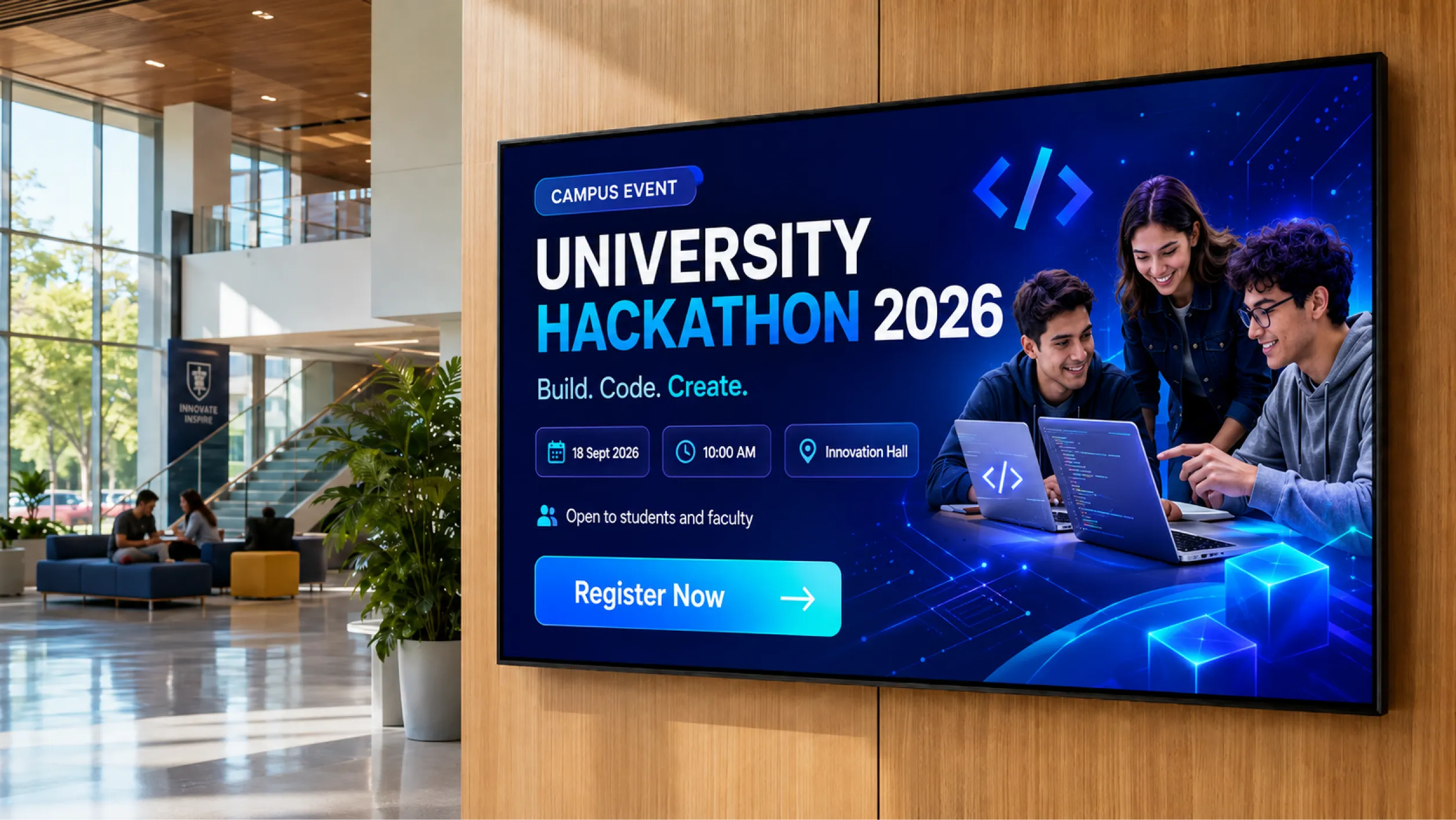 Campus case study showing Amrita University buildings with digital signage