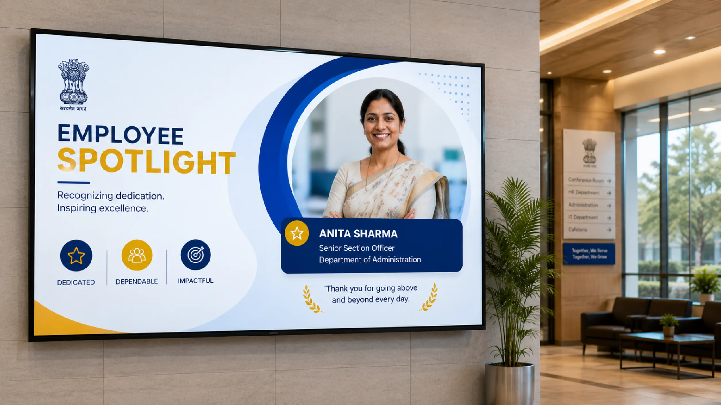 Government building screens showing internal communication content