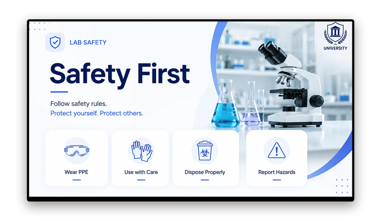 Laboratory corridor screen showing safety and hazard notices