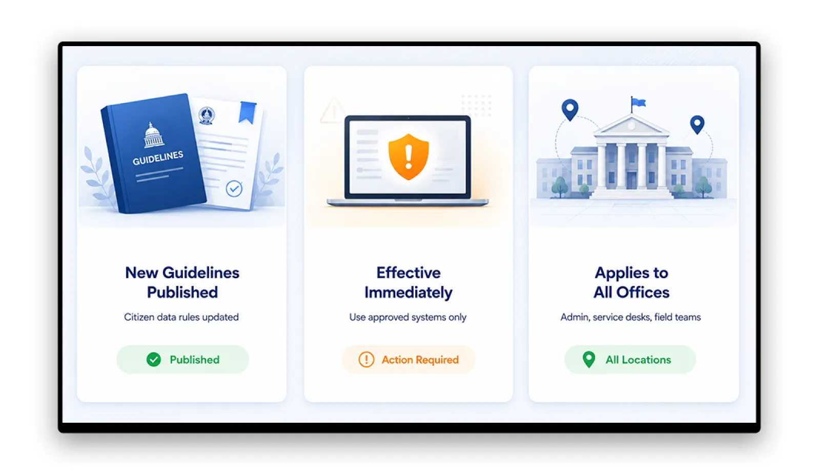 Government employee communication screens showing policy update notices