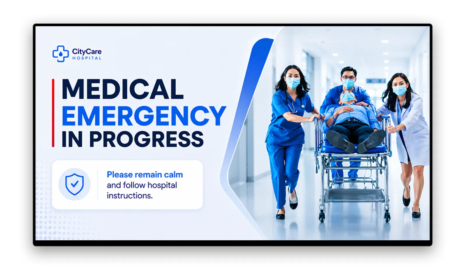 Hospital screen displaying emergency code announcement