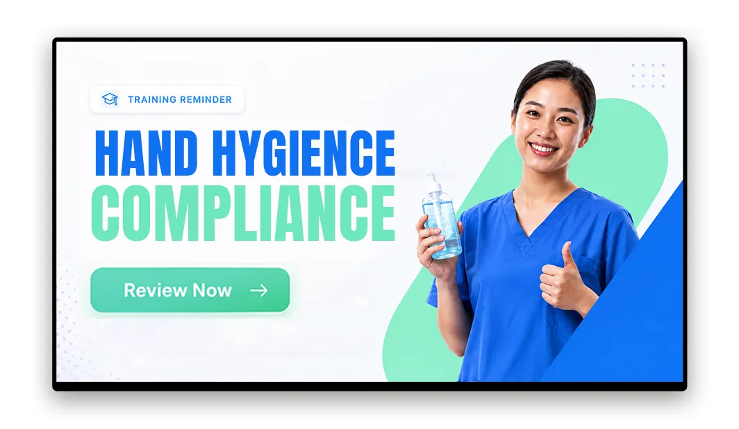 Hospital break room screen showing mandatory training compliance reminder