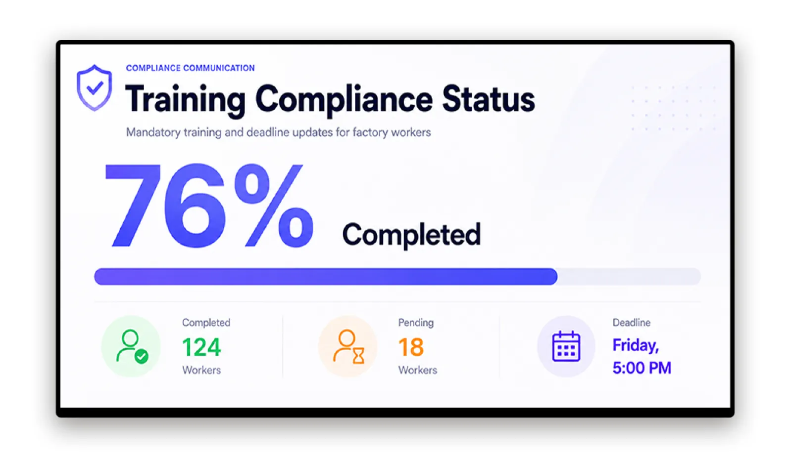Factory floor screen showing mandatory training compliance reminder