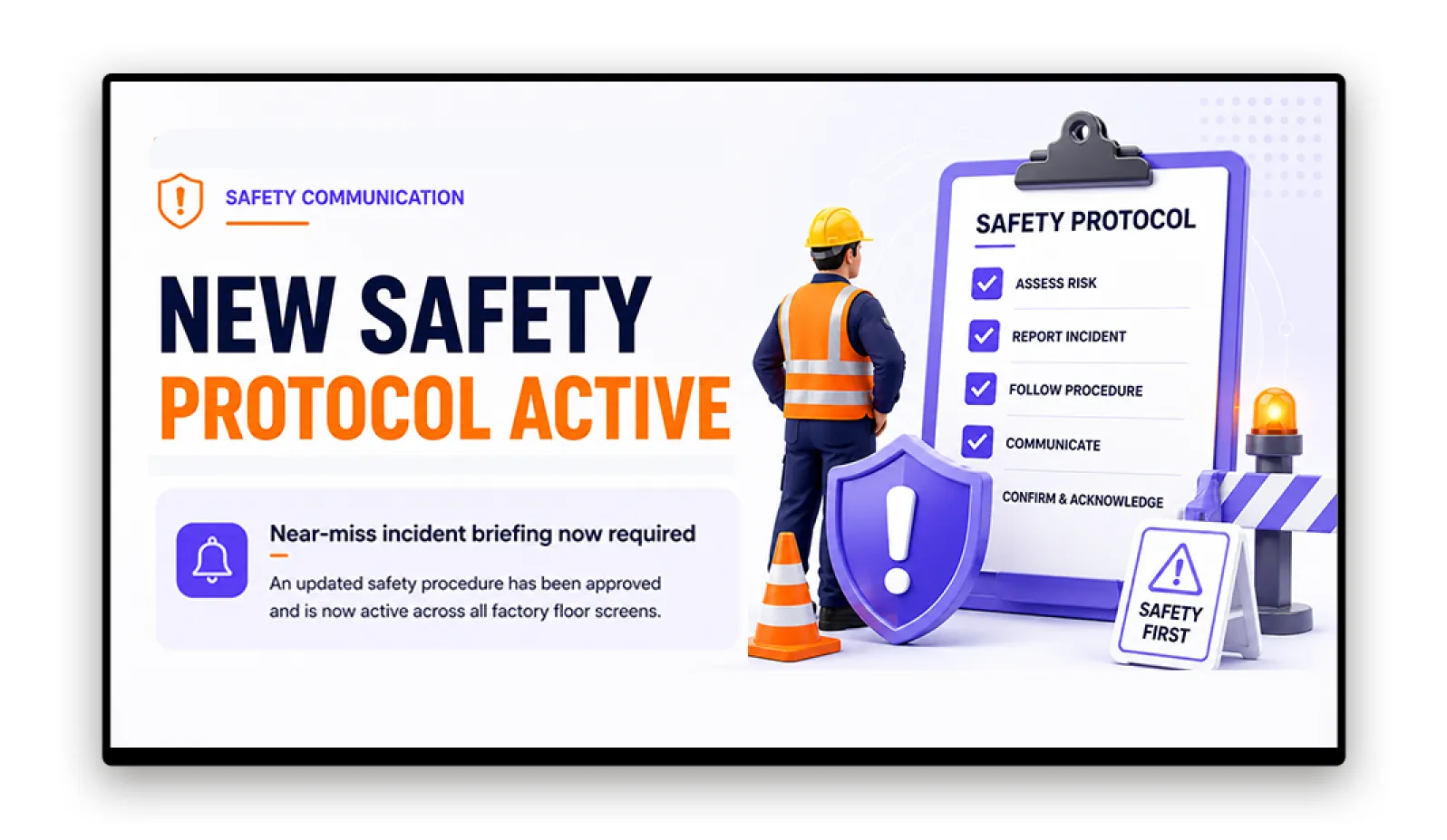 Factory floor screen displaying safety protocol briefing