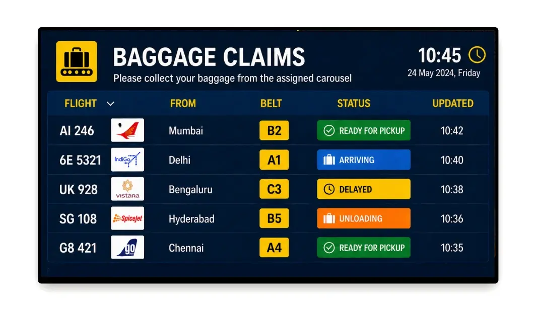 Airport baggage claim display showing carousel assignments managed by Pickcel