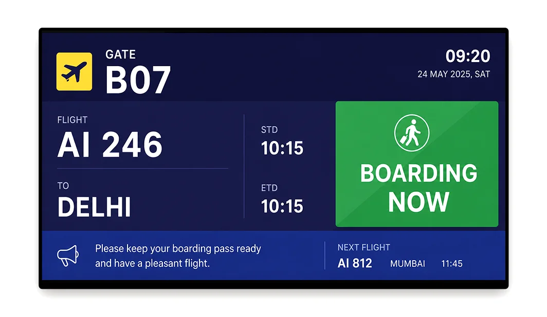 Airport gate information display managed by Pickcel showing boarding times and airline branding