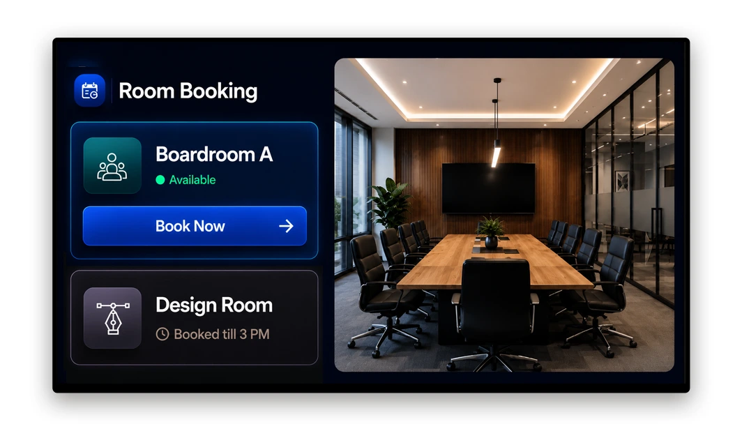 Office interactive display showing room booking and wayfinding directory