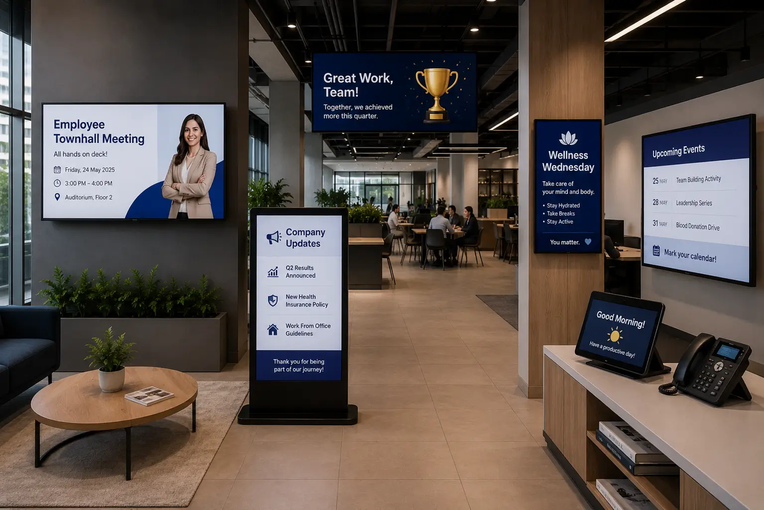 Workplace screens in corporate reception, cafeteria, meeting and operational environments Workplace screens in corporate reception, cafeteria, meeting and operational environments