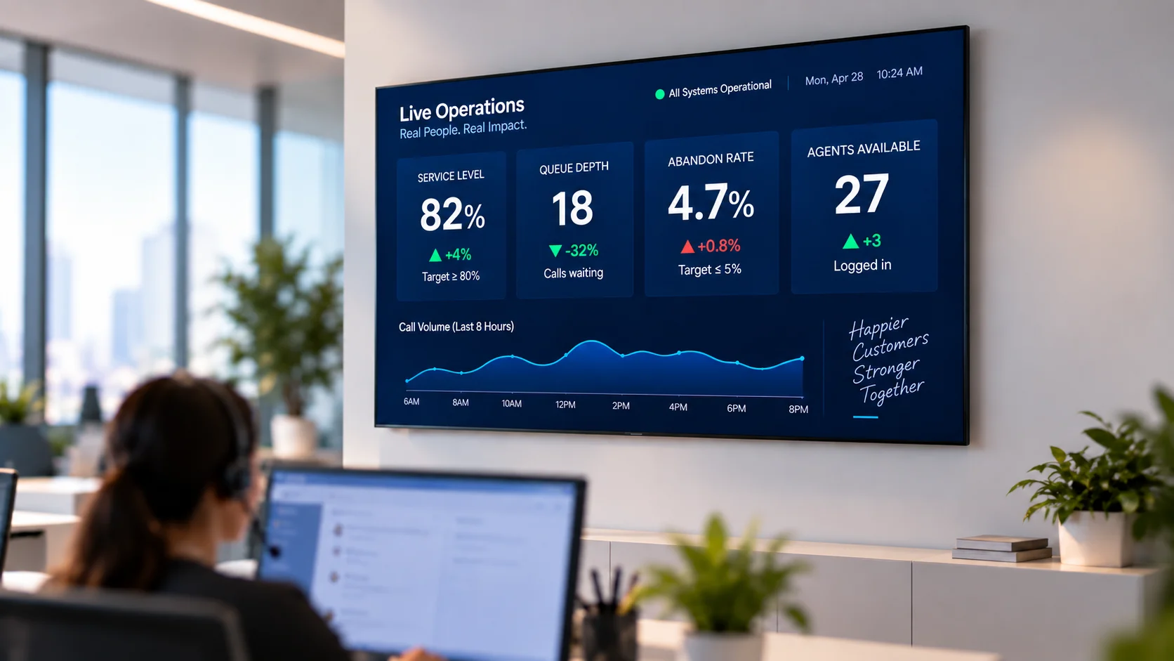 Wallboard digital signage showing live contact centre metrics Wallboard digital signage showing live contact centre metrics