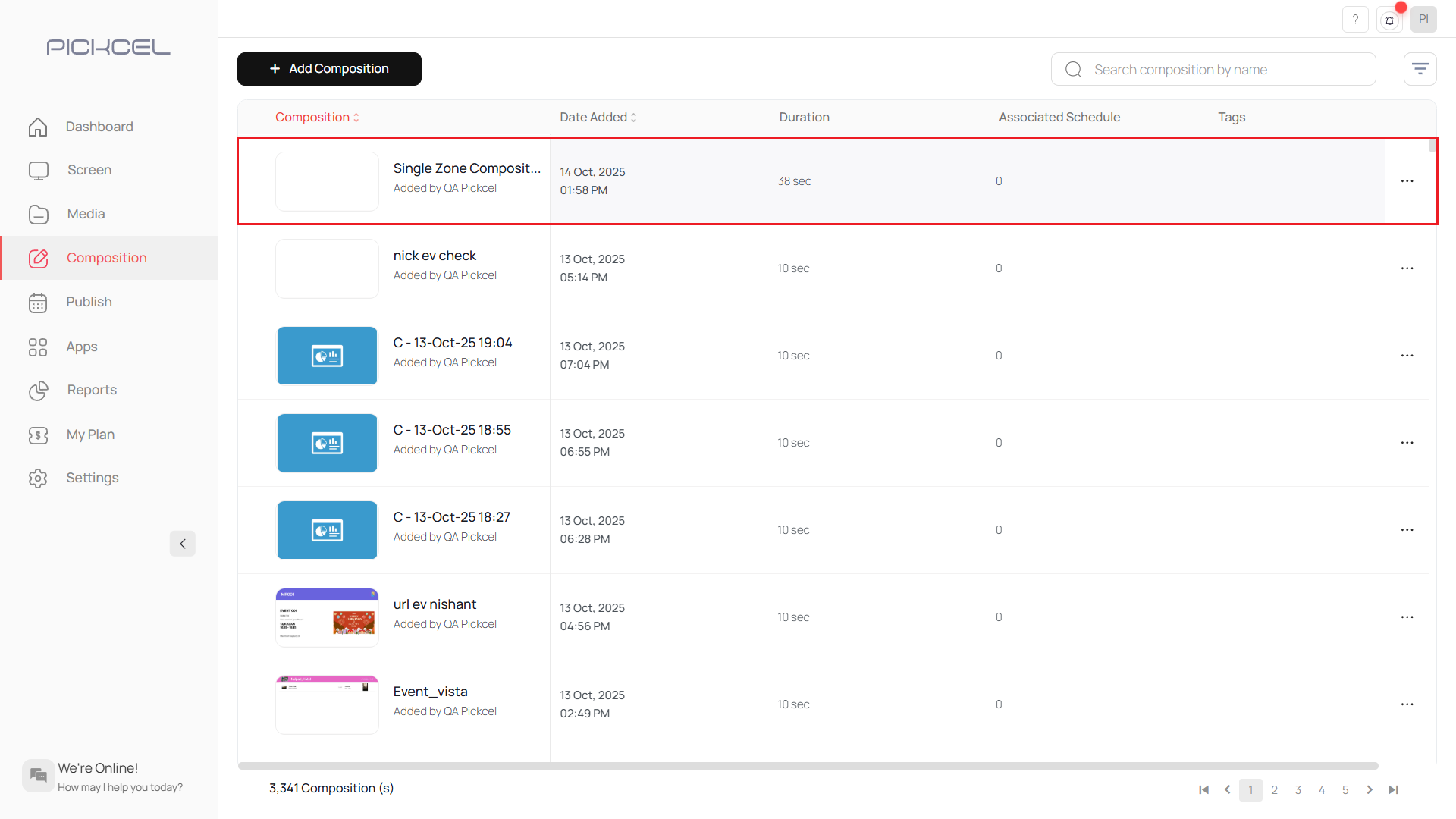 Saved composition on dashboard