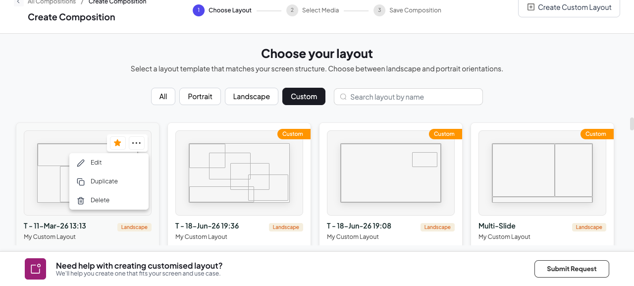 Pickcel composition list with the three-dots menu open showing the Edit option for a custom layout