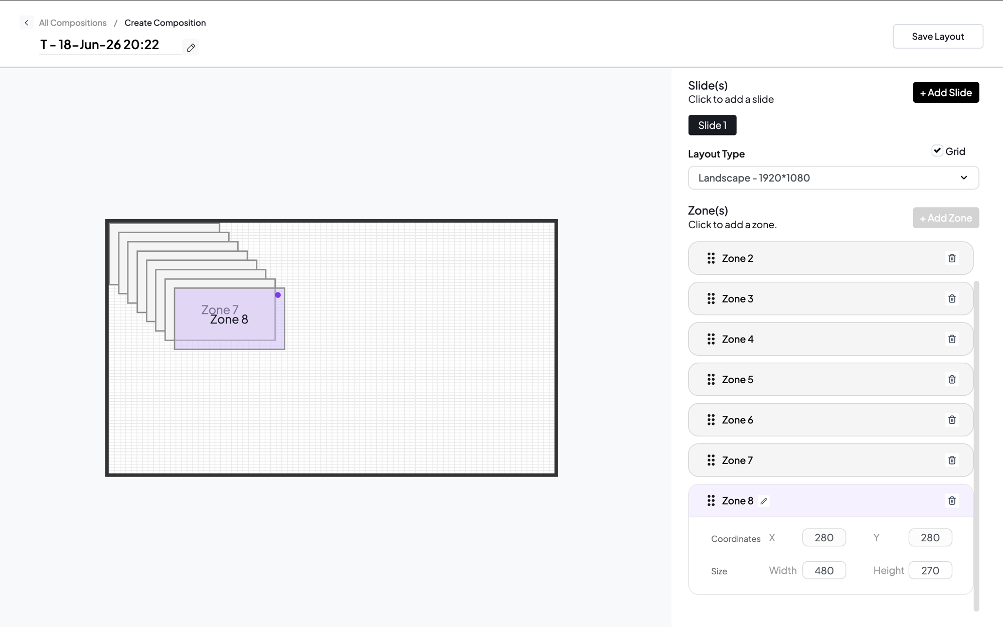 Pickcel composition editor showing a layout split into 8 zones, the maximum allowed on a single display
