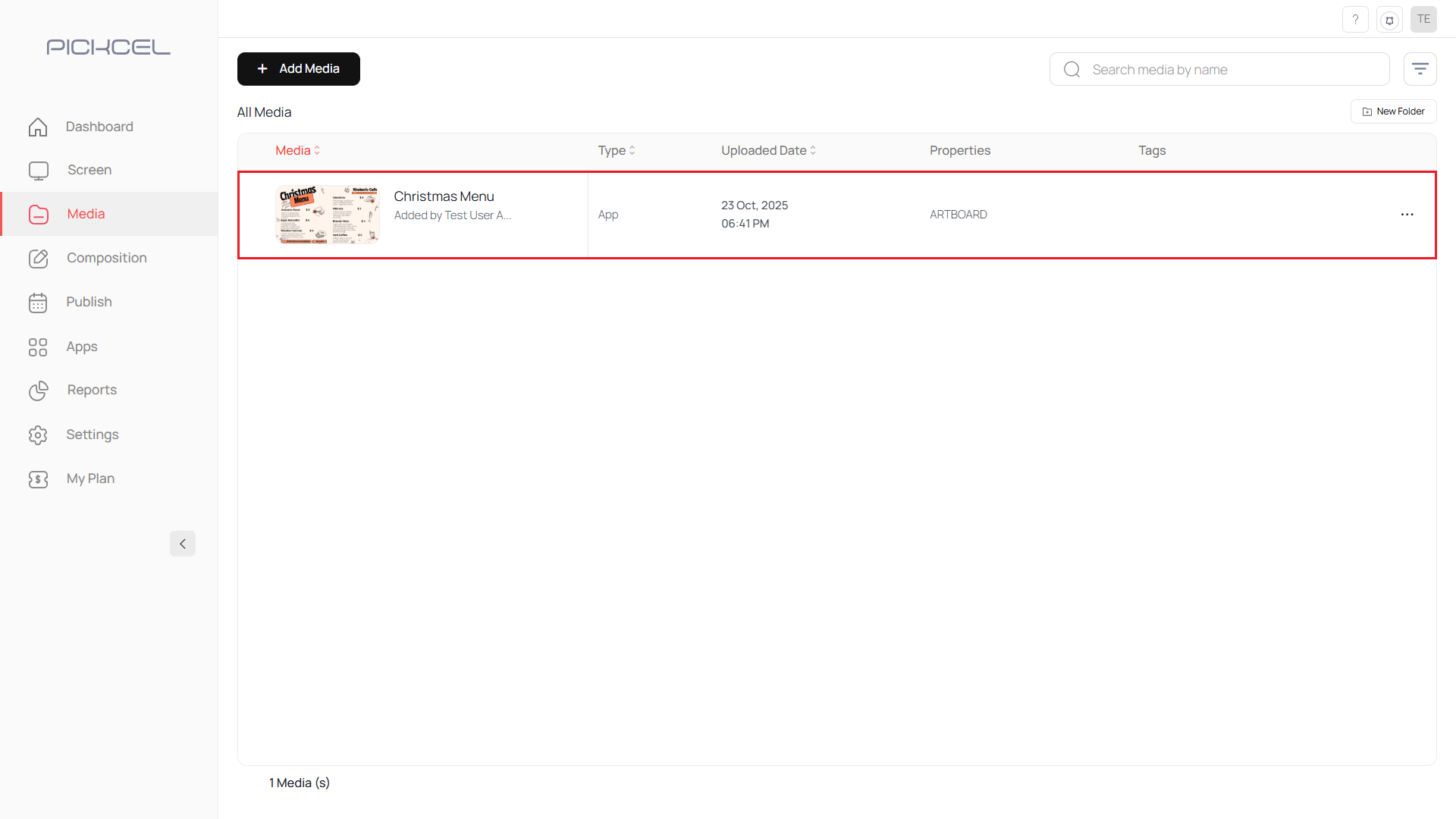 Artboard template in media list