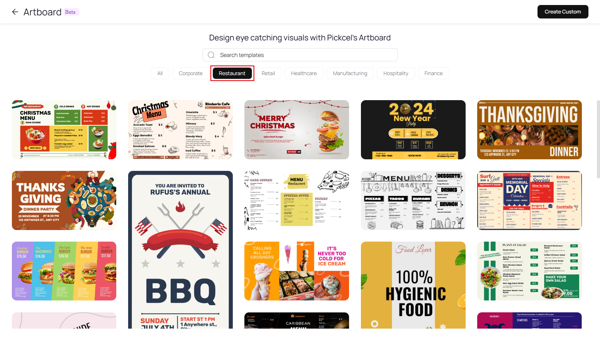 Filter Artboard templates for restaurant
