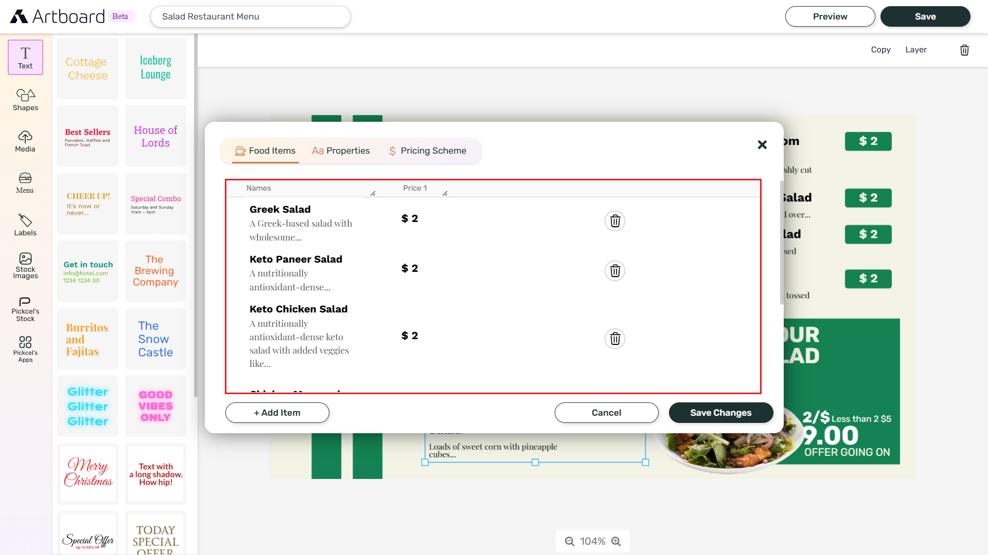 Menu editing popup in Artboard