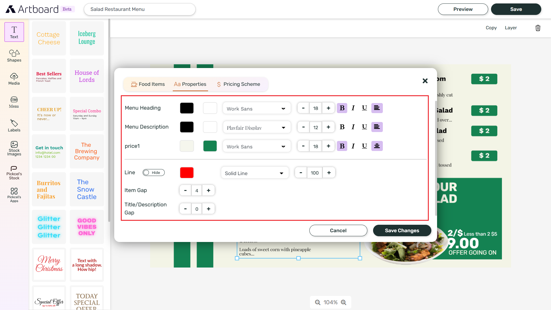 Edit menu items and pricing