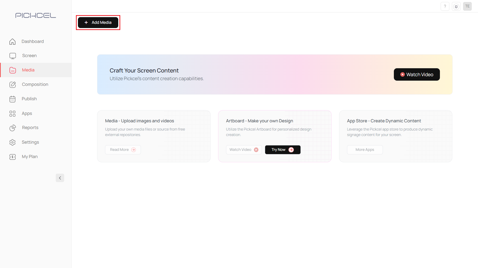 Click Add Media in Pickcel