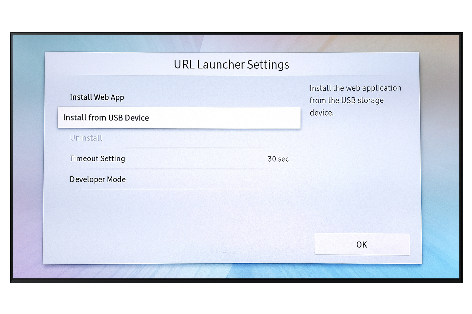 Select Install from USB Device on Samsung Tizen screen