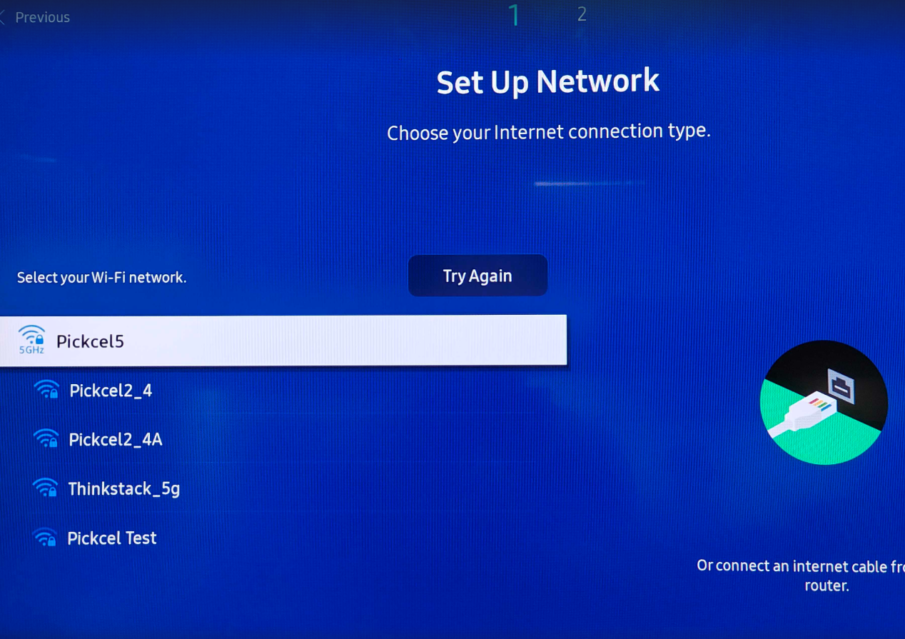 Select Network option on Samsung Tizen setup