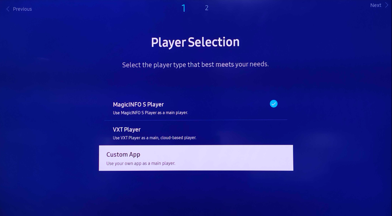 Select Custom App in Player Selection on Samsung Tizen