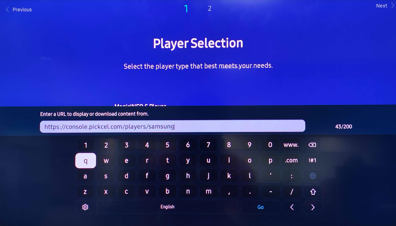 Enter the player app URL on Samsung Tizen