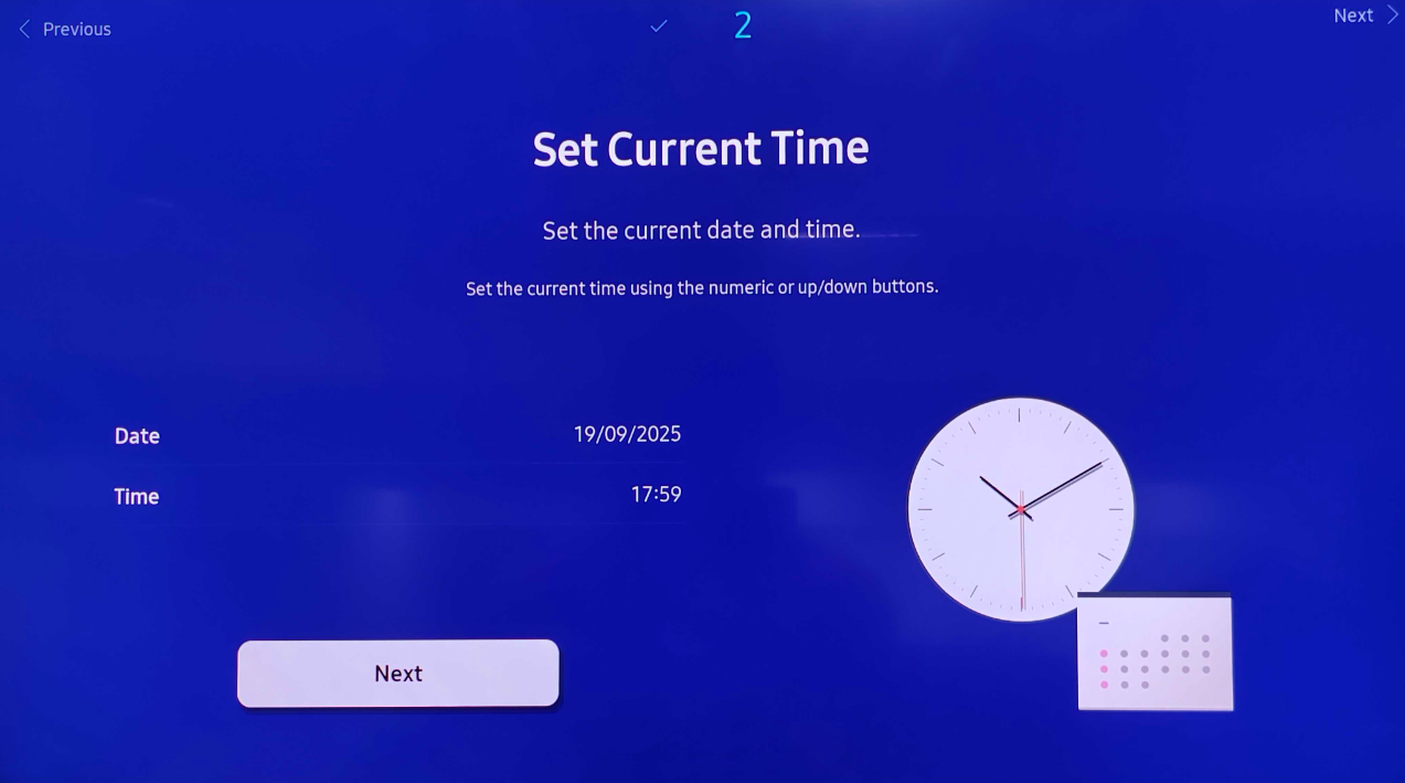 Verify date and time on Samsung Tizen setup