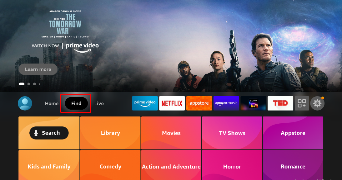 Select Find from the Amazon Fire TV Stick home screen