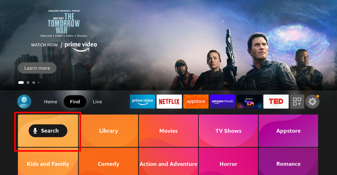 Select the Search option on Amazon Fire TV Stick