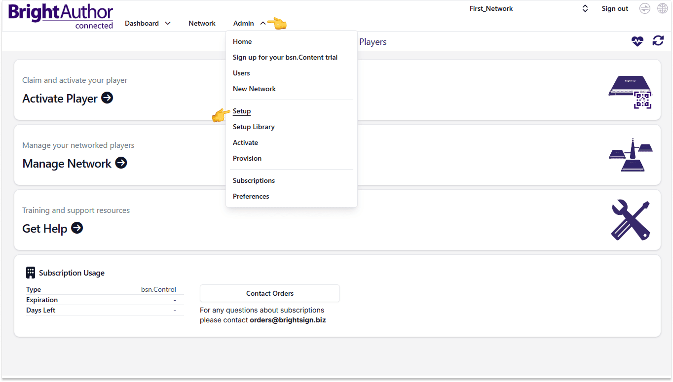 Open the BrightSign setup screen