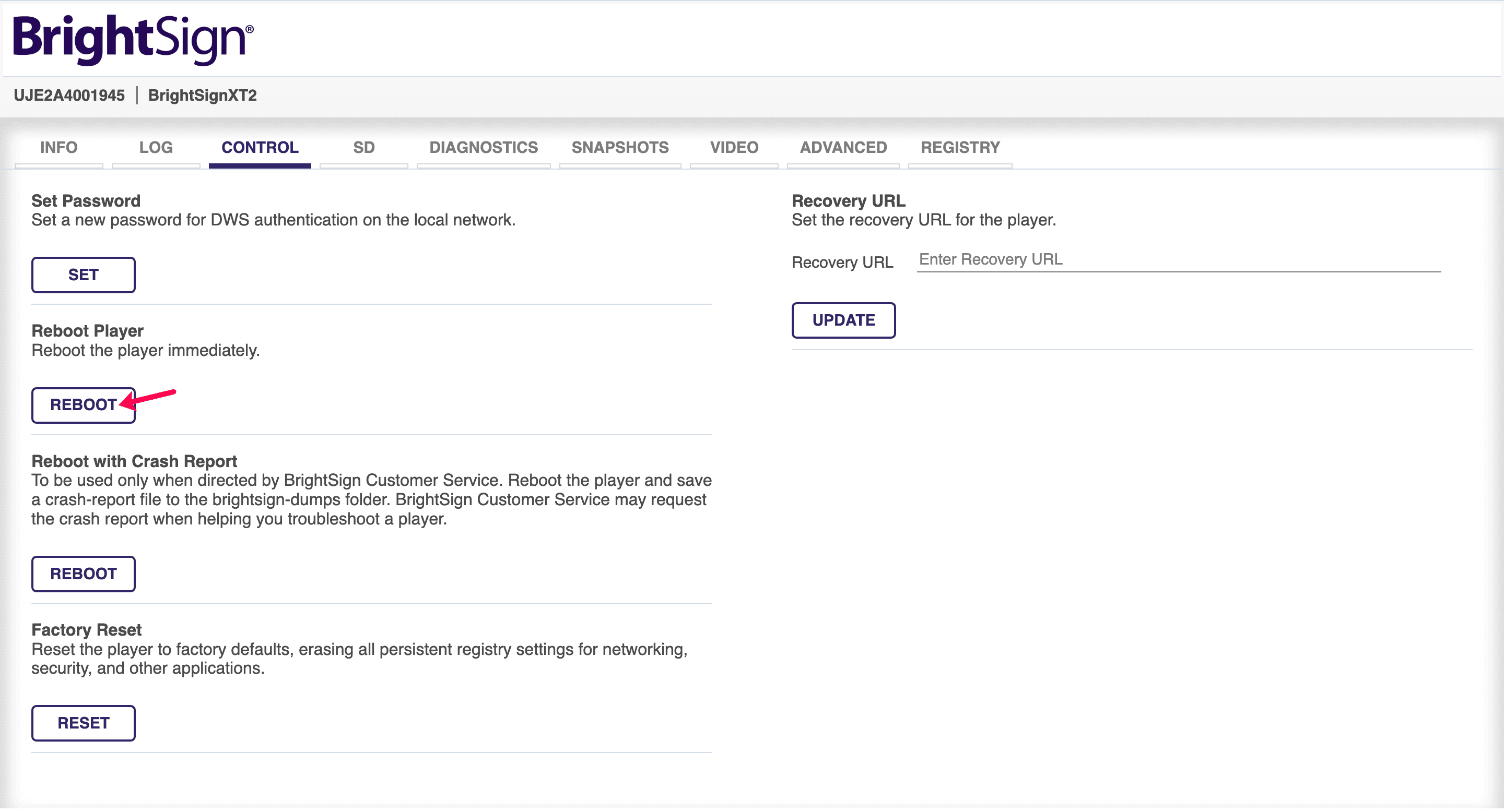 Reboot BrightSign player