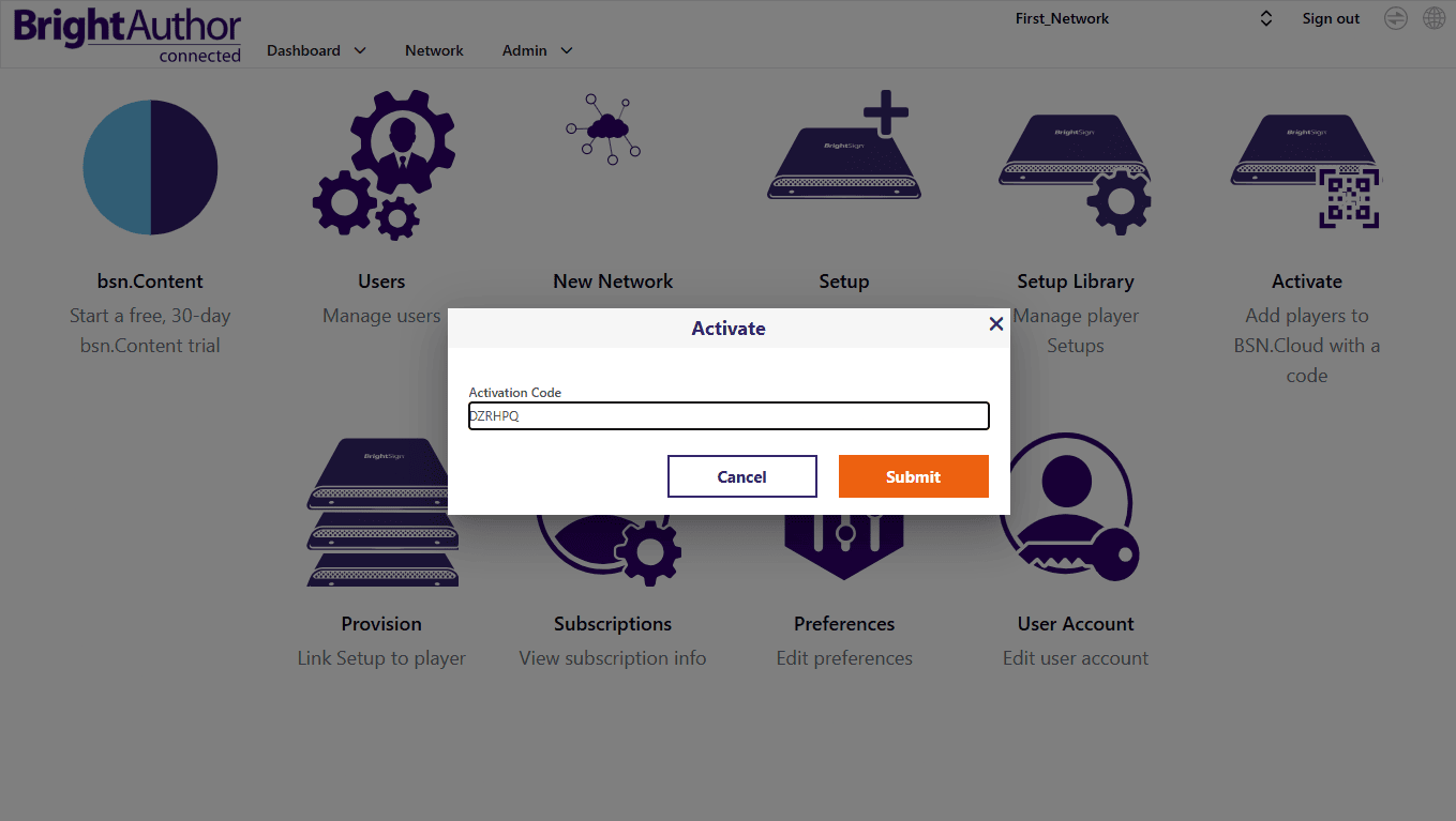 Enter activation code in BrightSign admin