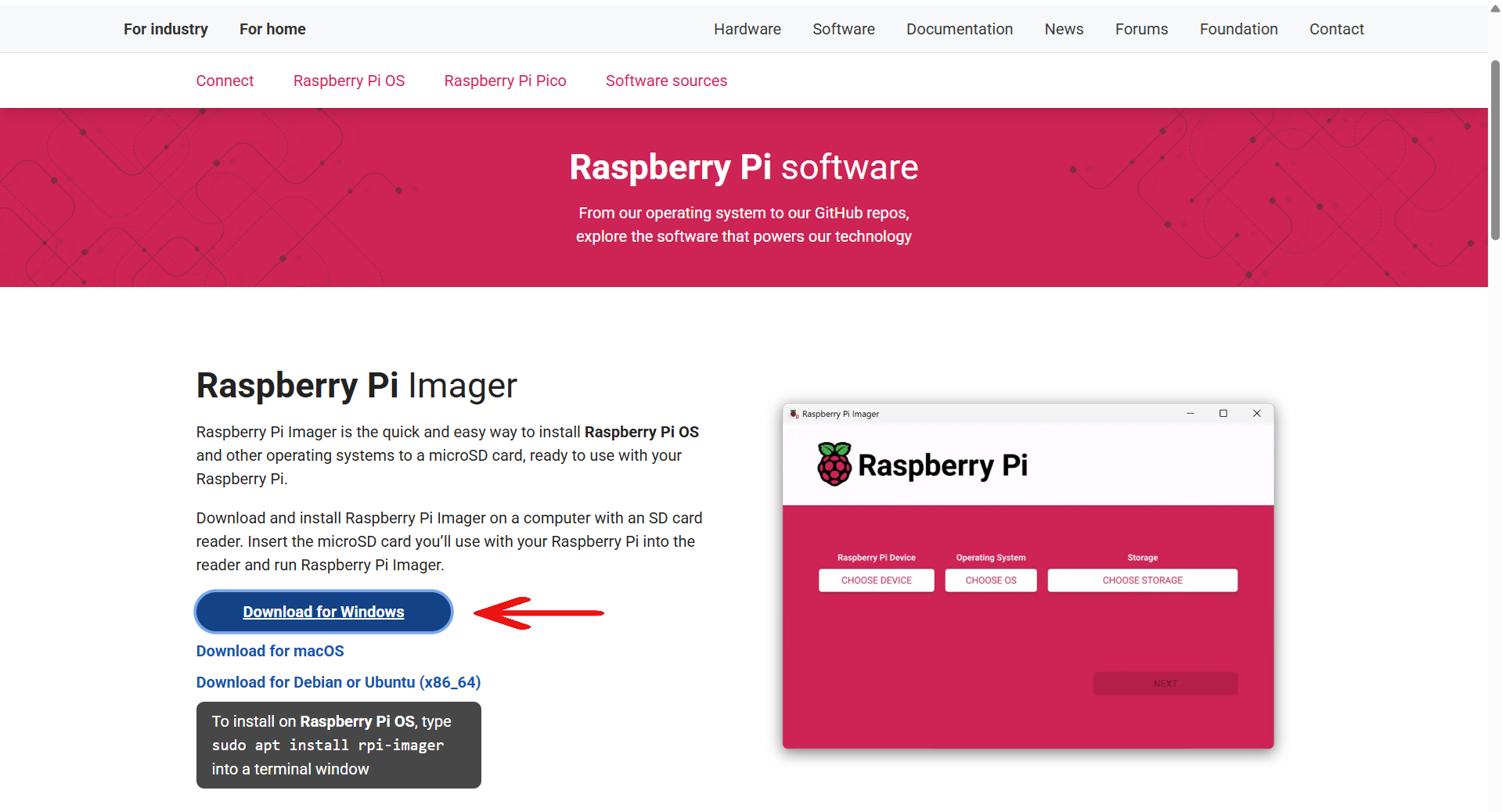 Raspberry Pi Imager download page