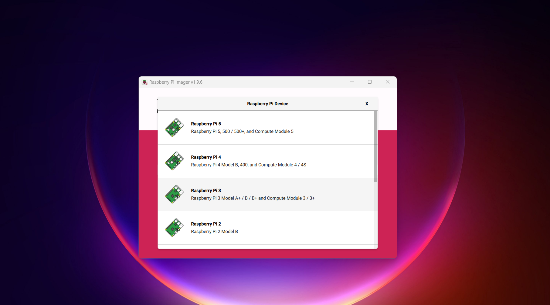 Choose Raspberry Pi device model in Raspberry Pi Imager