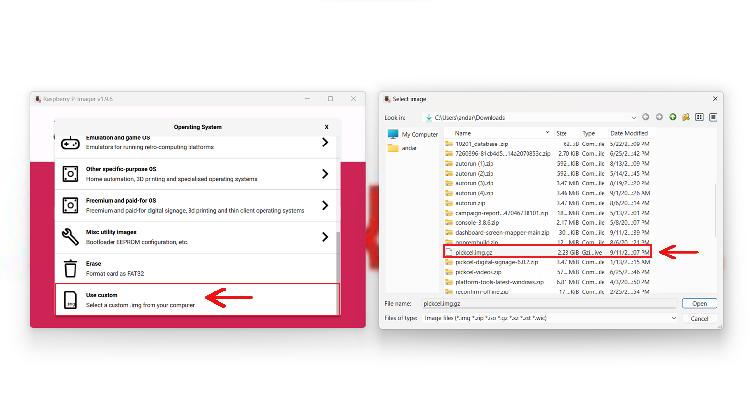 Select the Pickcel OS image in Raspberry Pi Imager