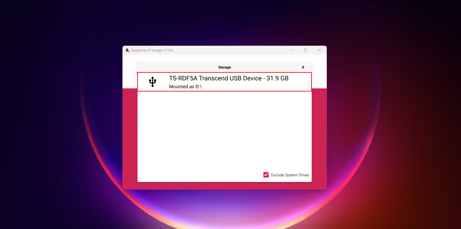 Select SD card storage in Raspberry Pi Imager
