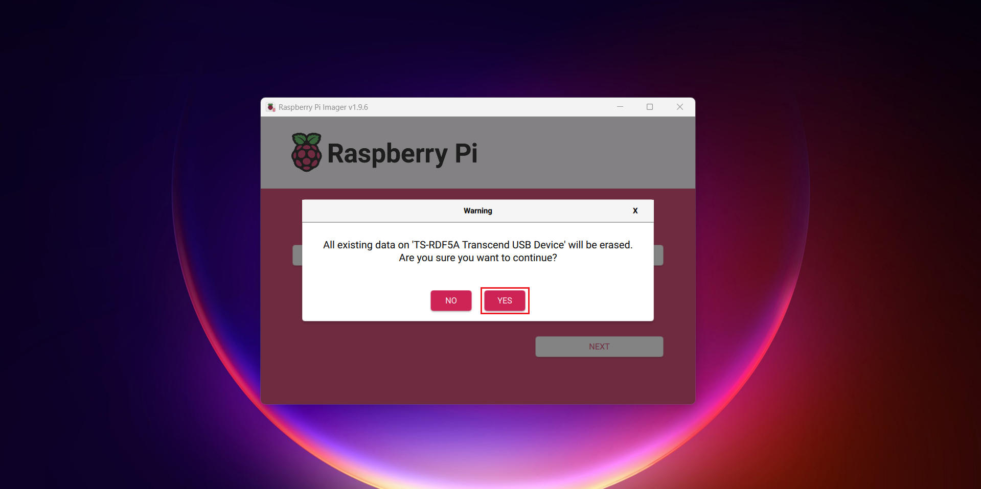 Confirm to proceed with writing the image