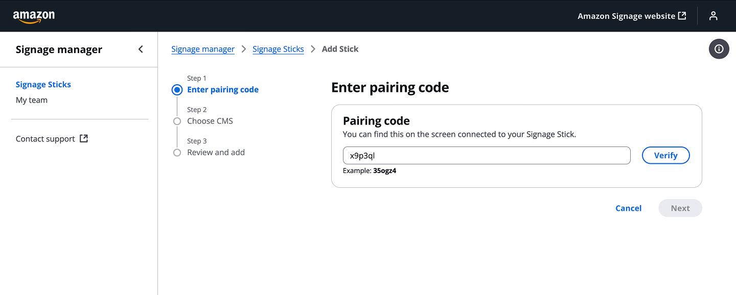 Enter pairing code screen