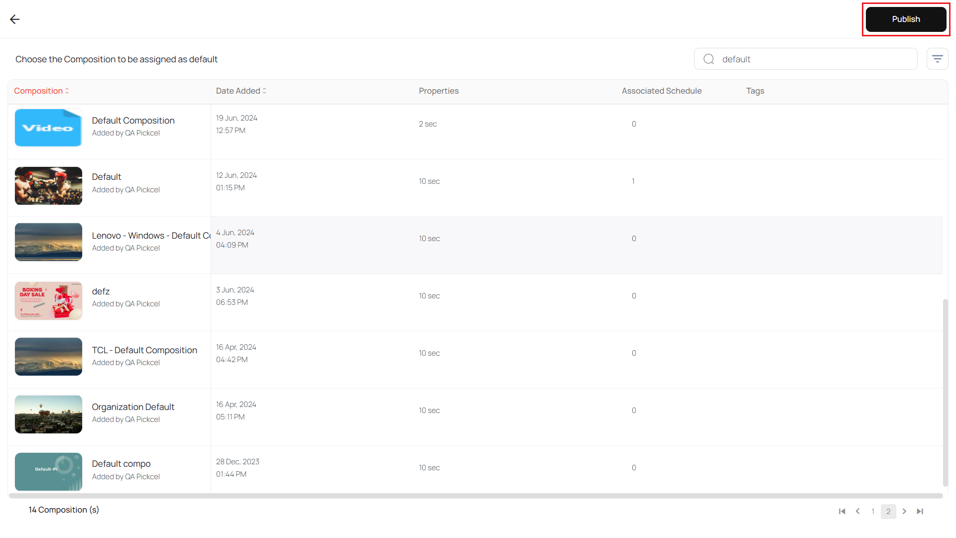 Select composition and publish